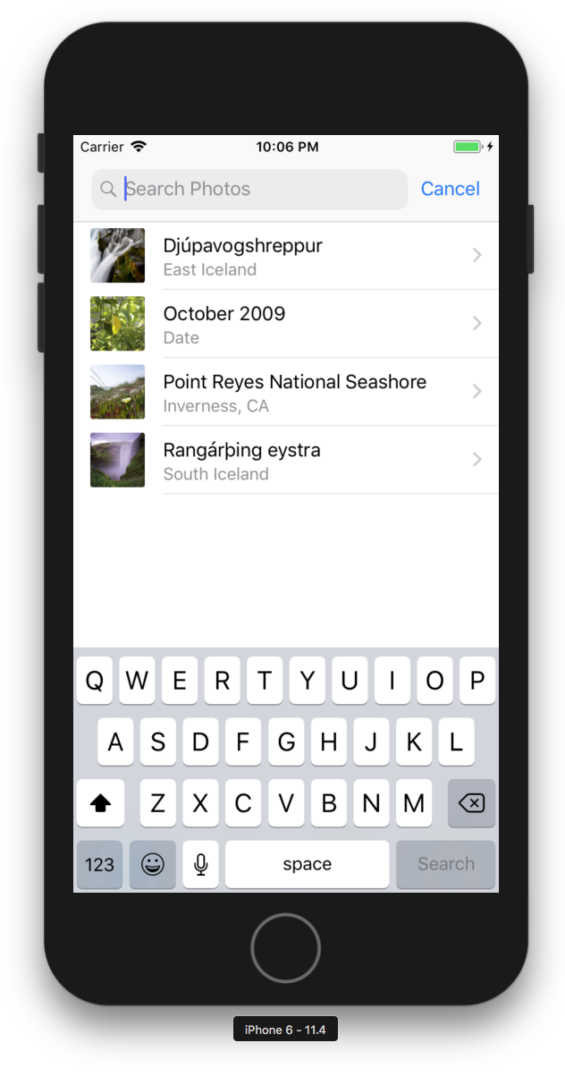 The Photos app with search bar and cancel text