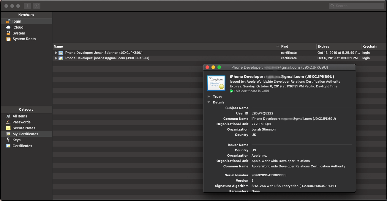 Keychain Access app, with detail pane of signing certificate