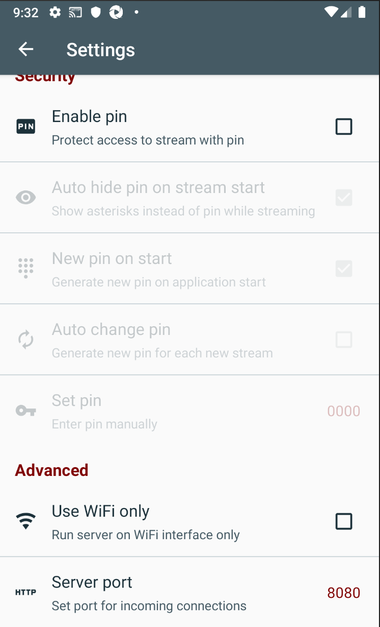 The screen stream app settings